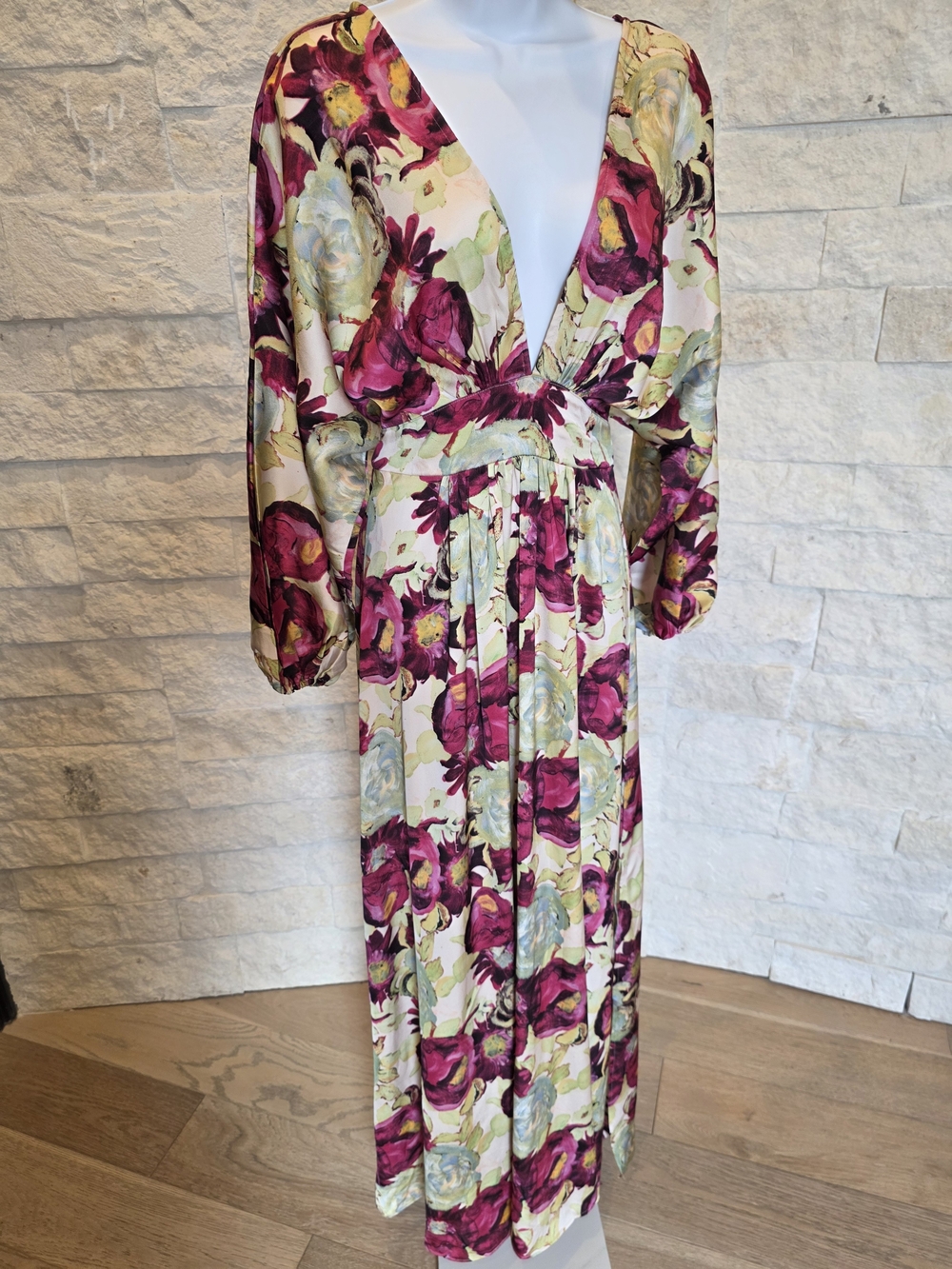 Floral V-Neck Midi Dress in Fuchsia and Cream